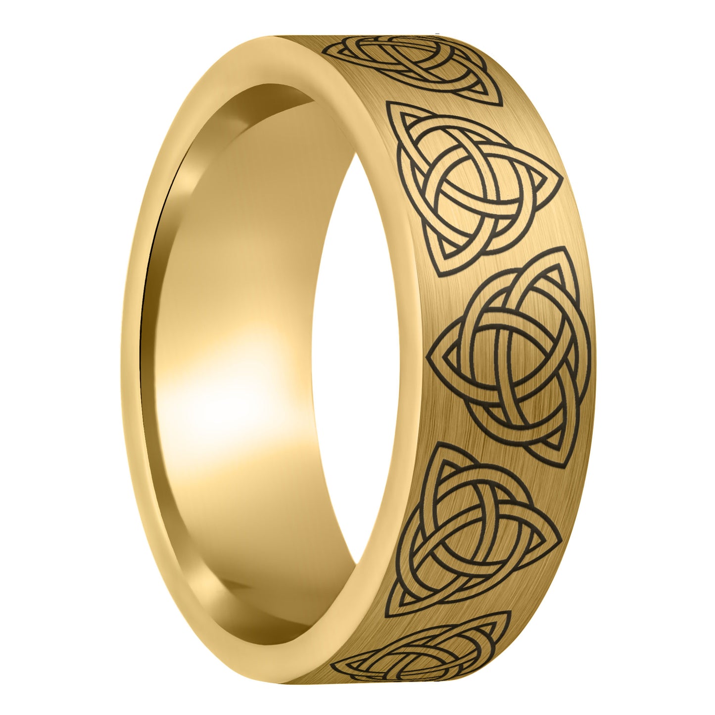 A celtic trinity knot brushed gold tungsten men's wedding band displayed on a plain white background.