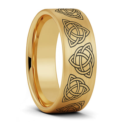 A celtic trinity knot brushed gold tungsten men's wedding band displayed on a plain white background.