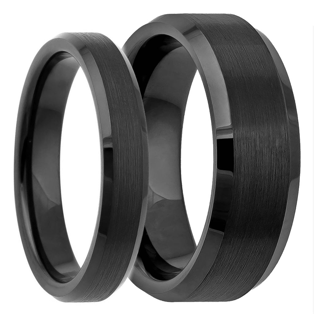 Classic Brushed Black Tungsten Couple's Matching Wedding Band Set