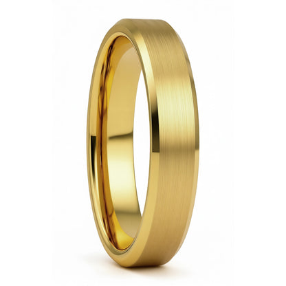 A gold band ring with a brushed finish on the outer surface and a polished beveled edge, shown on a clean white background.