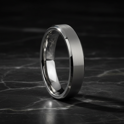 Silver ring on a dark marble surface