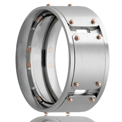 Alianza de bodas de cobalto para hombre con remaches de oro rosado de 14 k