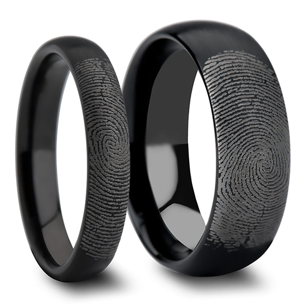 Custom Fingerprint Engraved Domed Brushed Black Tungsten Couple's Matching Ring Set