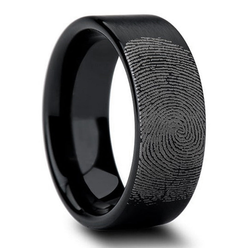 Custom Fingerprint Engraved Brushed Black Tungsten Men's Ring