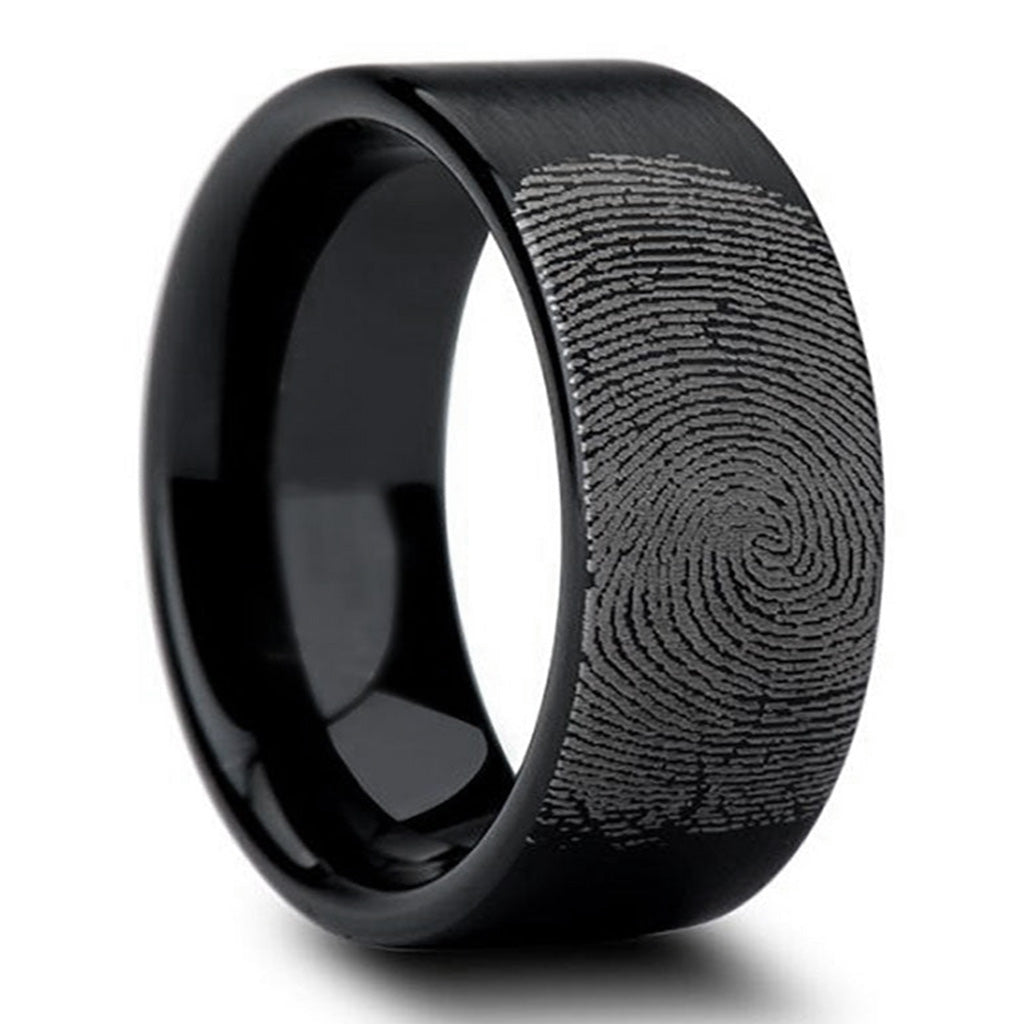 Custom Fingerprint Engraved Brushed Black Tungsten Men's Ring