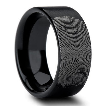 Custom Fingerprint Engraved Brushed Black Tungsten Men's Ring