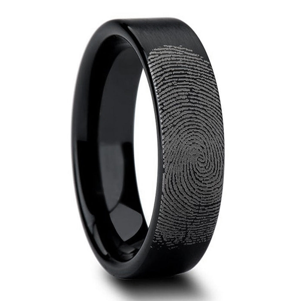 Custom Fingerprint Engraved Brushed Black Tungsten Men's Ring