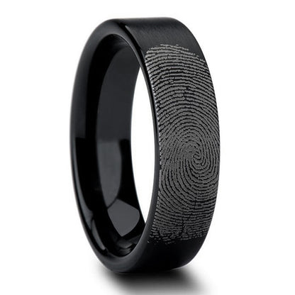 Custom Fingerprint Engraved Brushed Black Tungsten Men's Ring