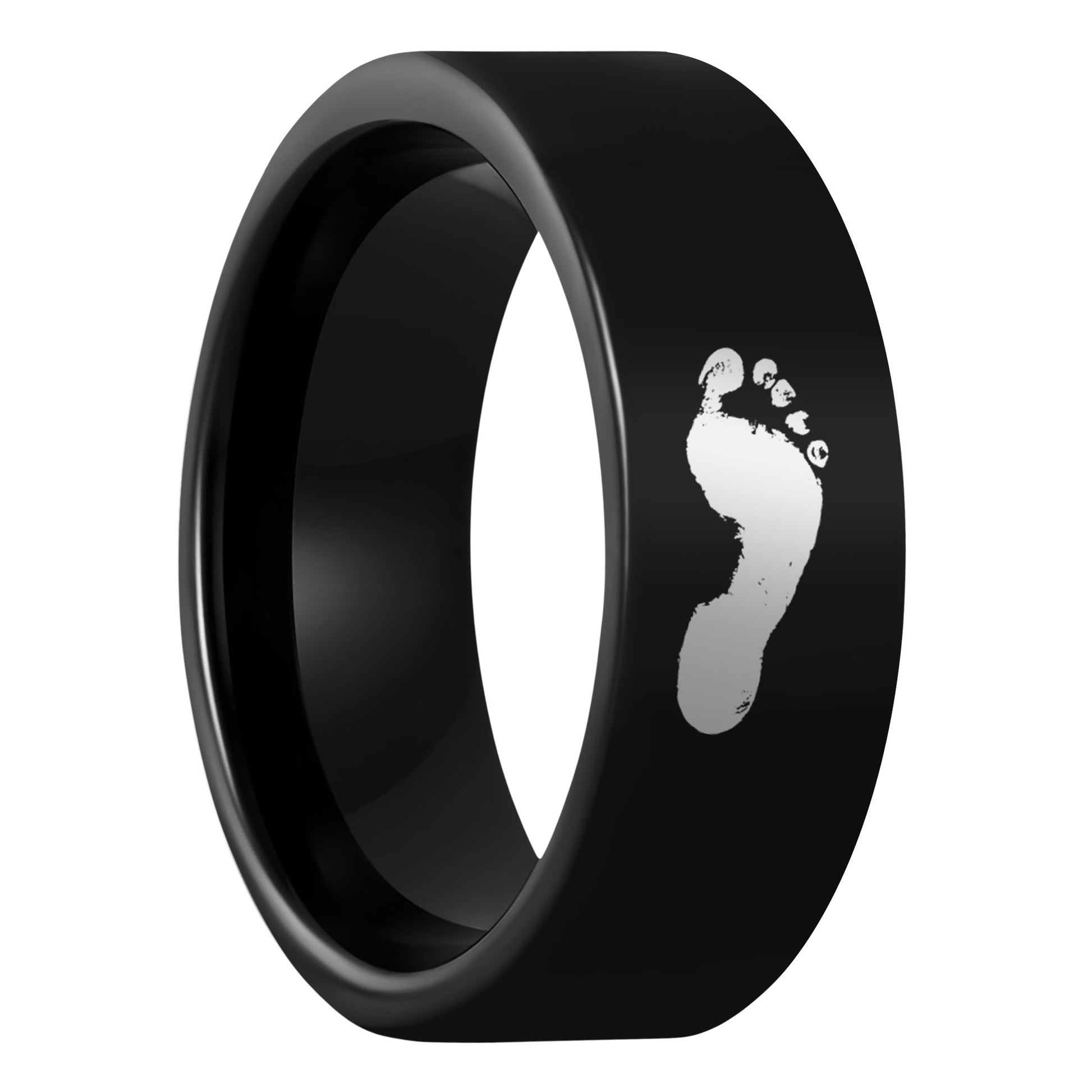 One Custom Footprint Black Tungsten Men's Wedding Band displayed on a plain white background