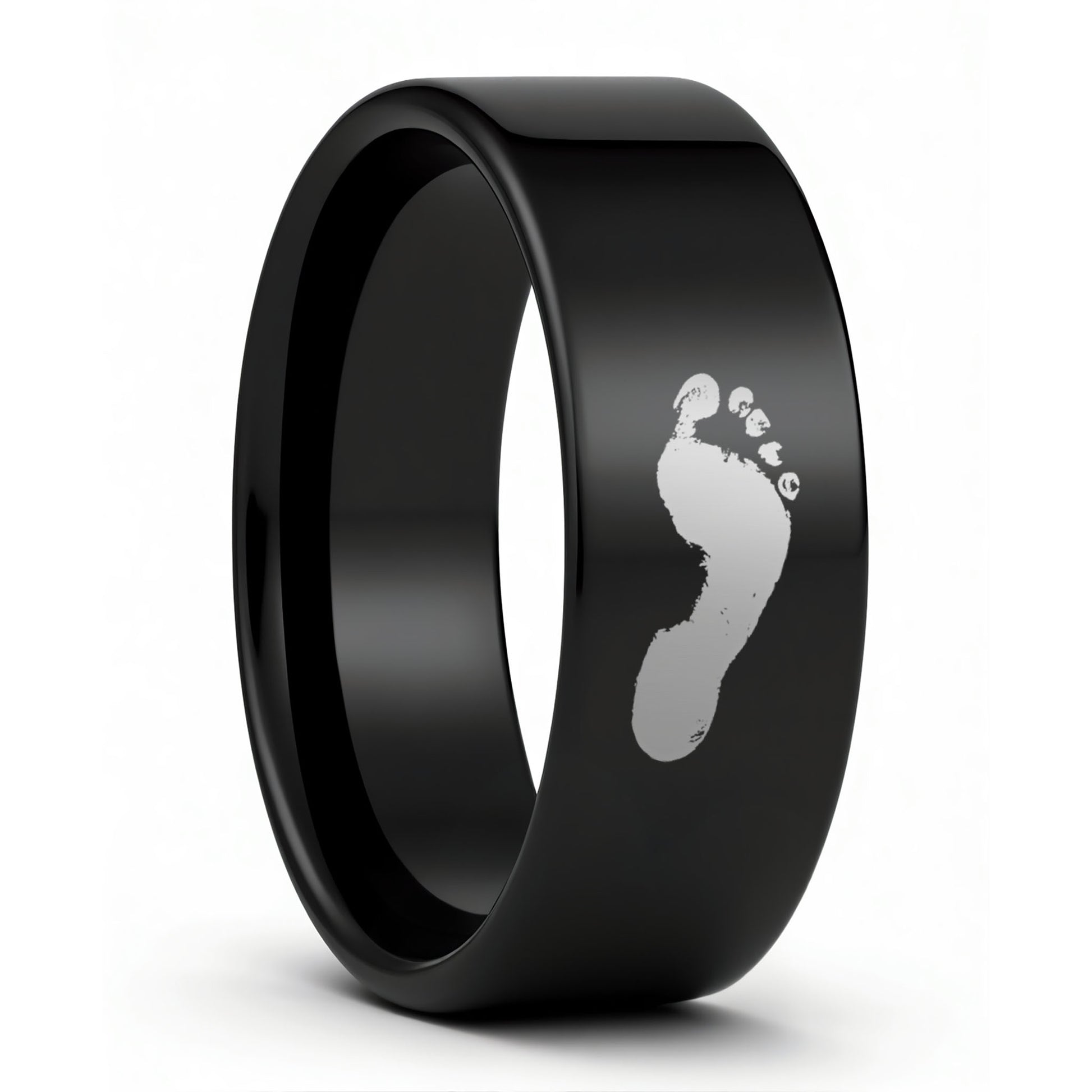 One Custom Footprint Black Tungsten Men's Wedding Band displayed on a plain white background