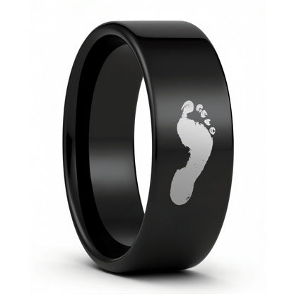One Custom Footprint Black Tungsten Men's Wedding Band displayed on a plain white background