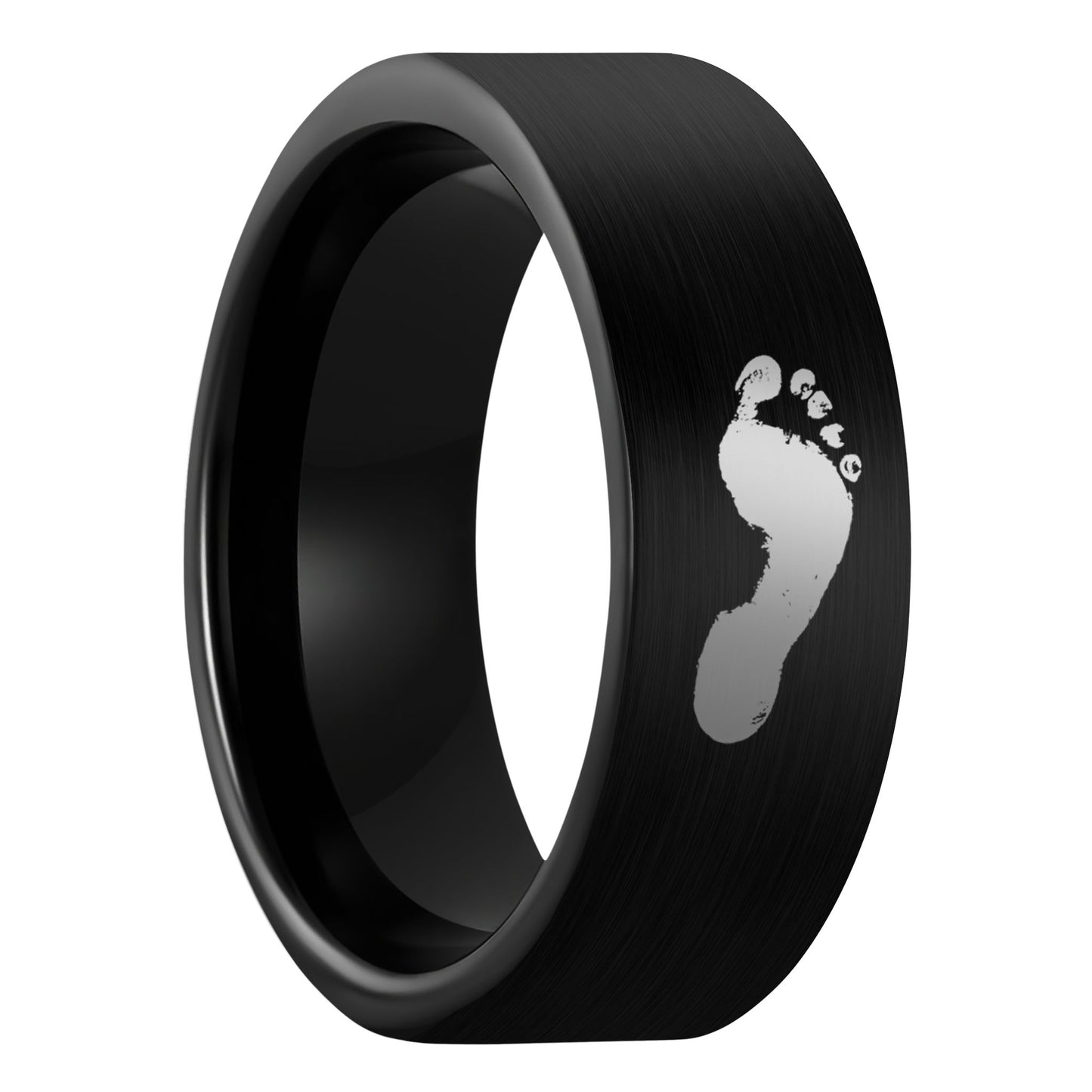 A custom footprint brushed black tungsten men's wedding band displayed on a plain white background.
