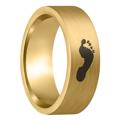 A custom footprint brushed gold tungsten men's wedding band displayed on a plain white background.