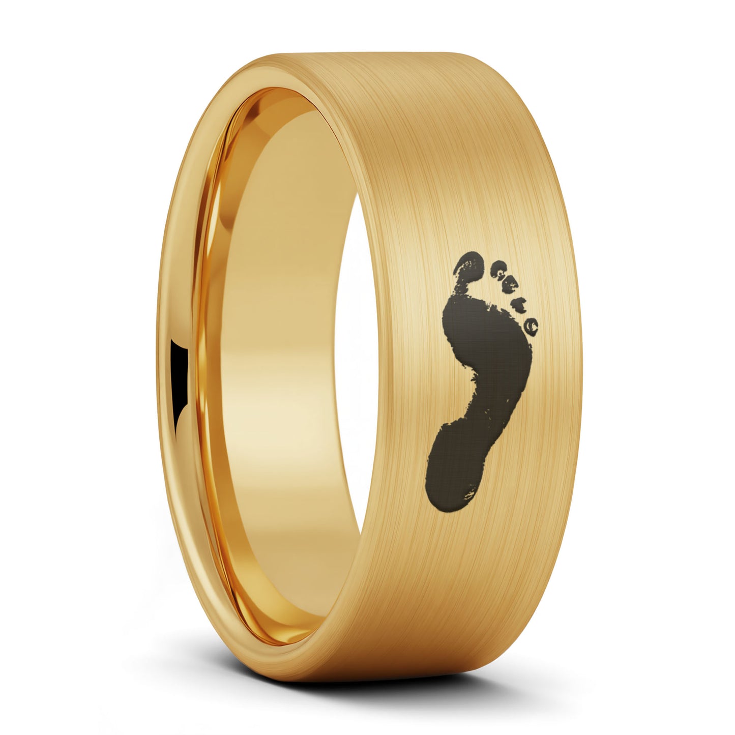 A custom footprint brushed gold tungsten men's wedding band displayed on a plain white background.