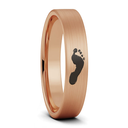 A custom footprint brushed rose gold tungsten women's wedding band displayed on a plain white background.