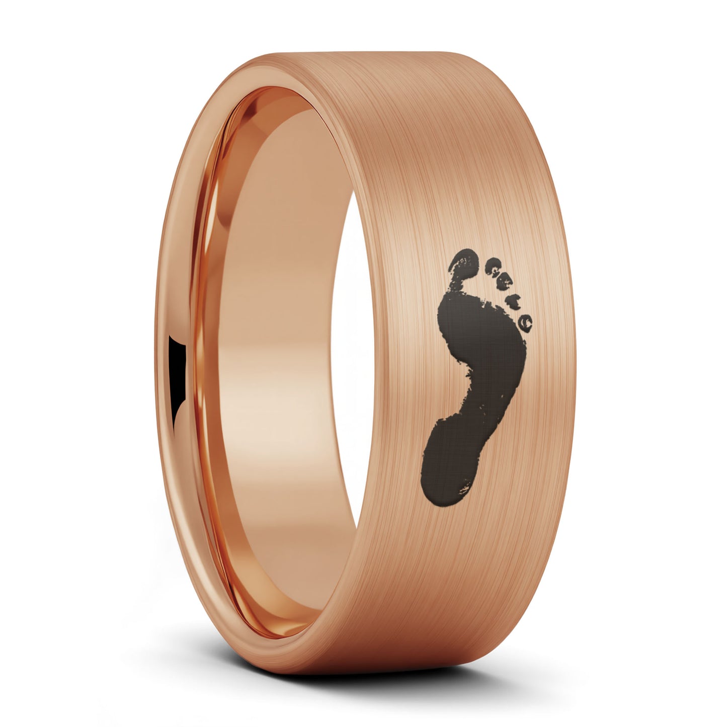 A custom footprint brushed rose gold tungsten men's wedding band displayed on a plain white background.