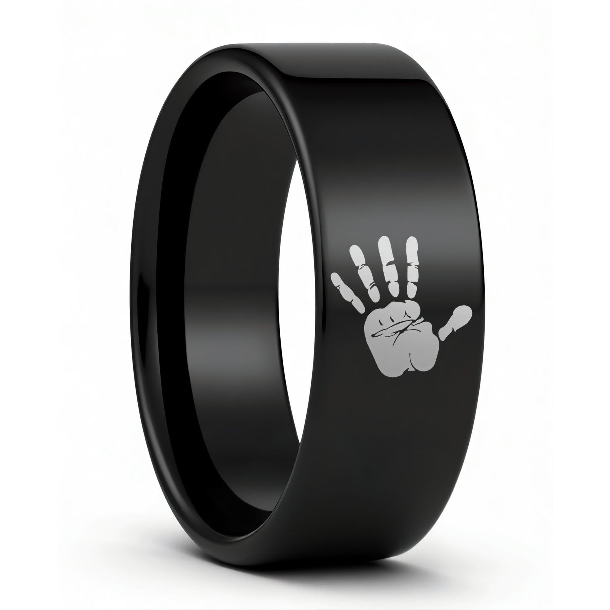 One Custom Handprint Black Tungsten Men's Wedding Band displayed on a plain white background