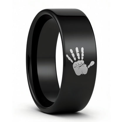 One Custom Handprint Black Tungsten Men's Wedding Band displayed on a plain white background