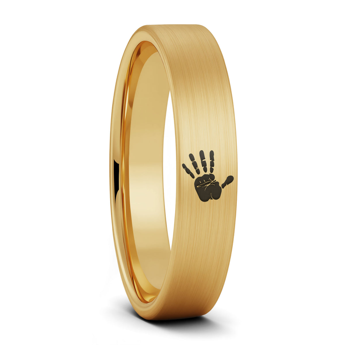 A custom handprint brushed gold tungsten women's wedding band displayed on a plain white background.