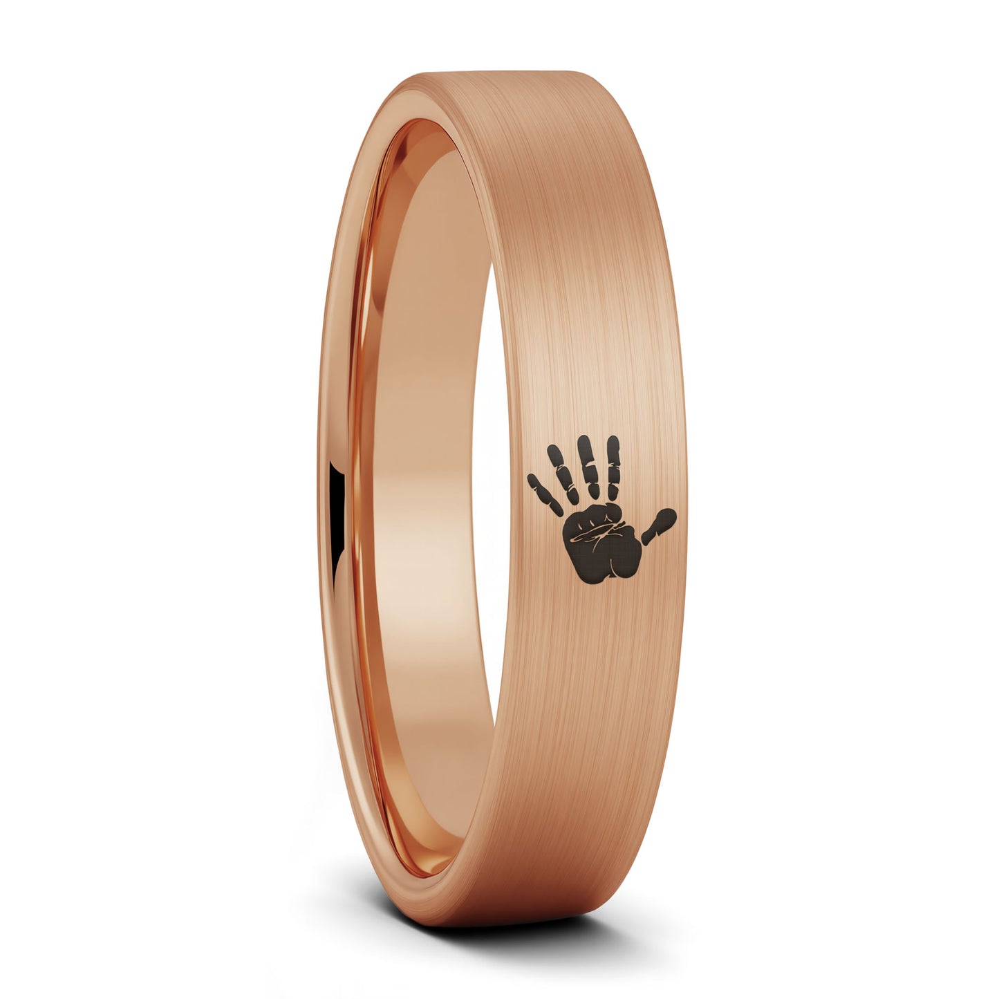 A custom handprint brushed rose gold tungsten women's wedding band displayed on a plain white background.