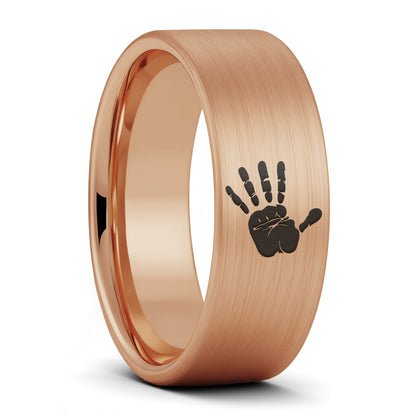 A custom handprint brushed rose gold tungsten men's wedding band displayed on a plain white background.