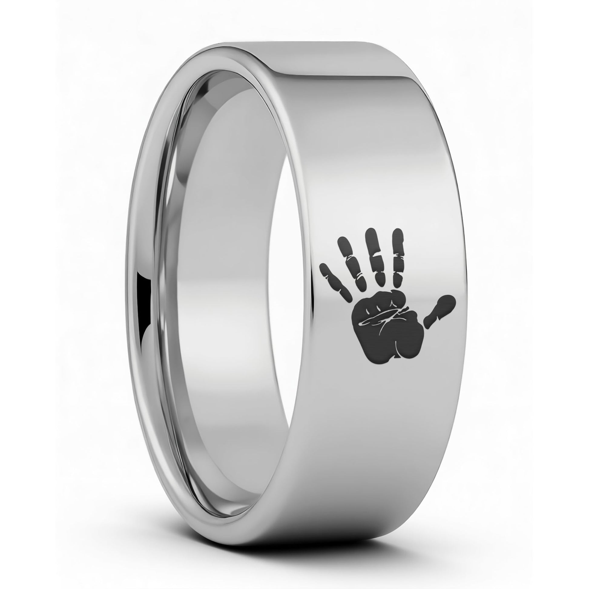One Custom Handprint Tungsten Men's Wedding Band displayed on a plain white background