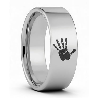 One Custom Handprint Tungsten Men's Wedding Band displayed on a plain white background