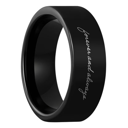 One Custom Handwriting Black Tungsten Men's Wedding Band displayed on a plain white background