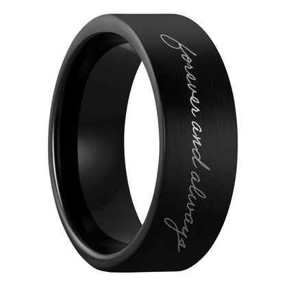 A custom handwriting brushed black tungsten men's wedding band displayed on a plain white background.