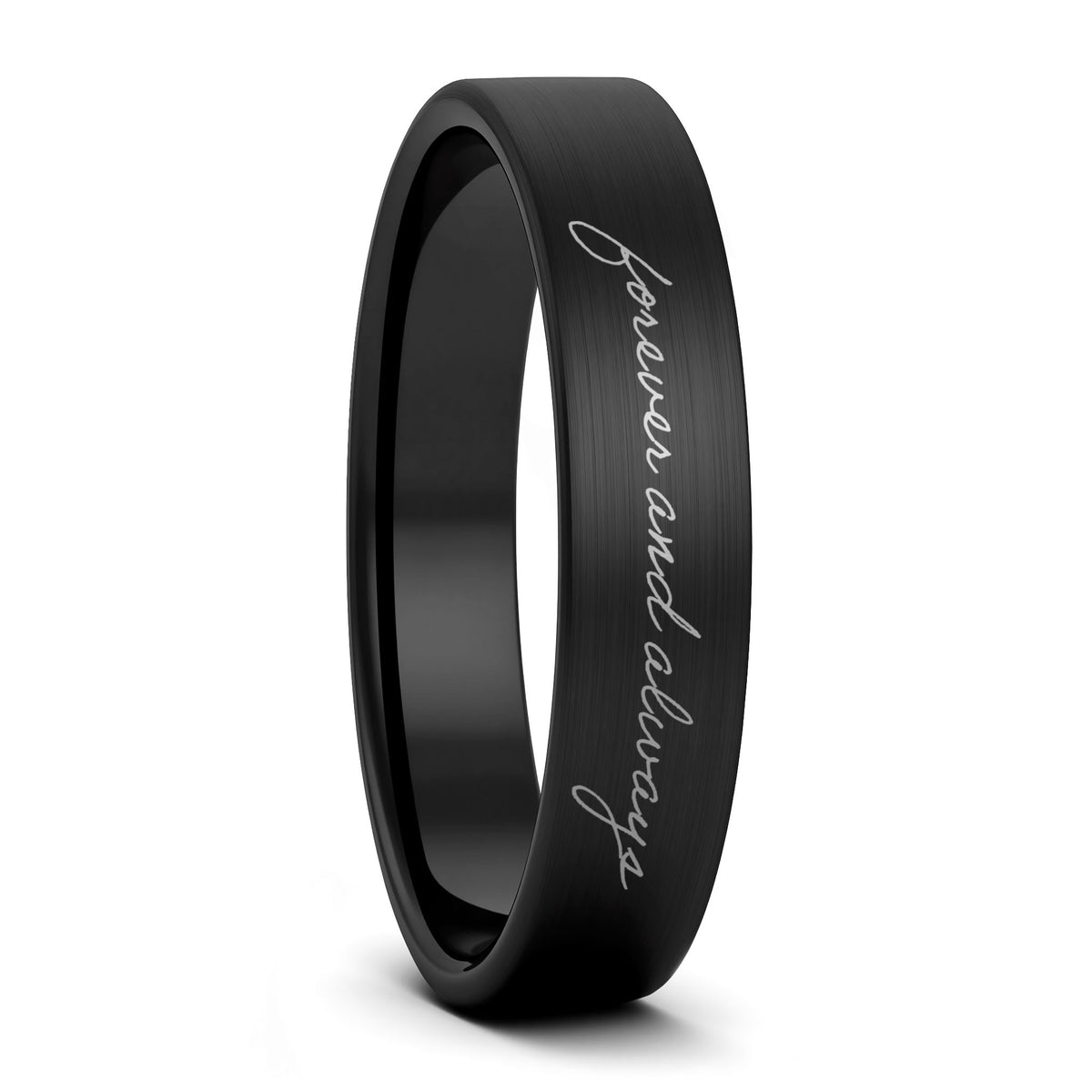 A custom handwriting brushed black tungsten women's wedding band displayed on a plain white background.