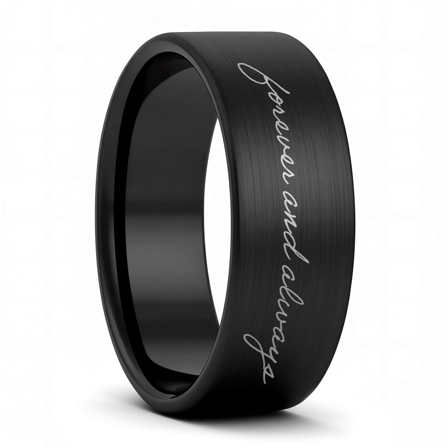 A custom handwriting brushed black tungsten men's wedding band displayed on a plain white background.