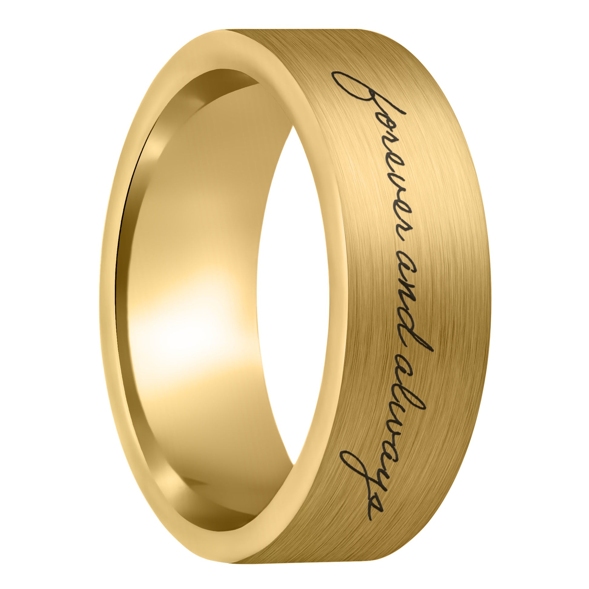 A custom handwriting brushed gold tungsten men's wedding band displayed on a plain white background.