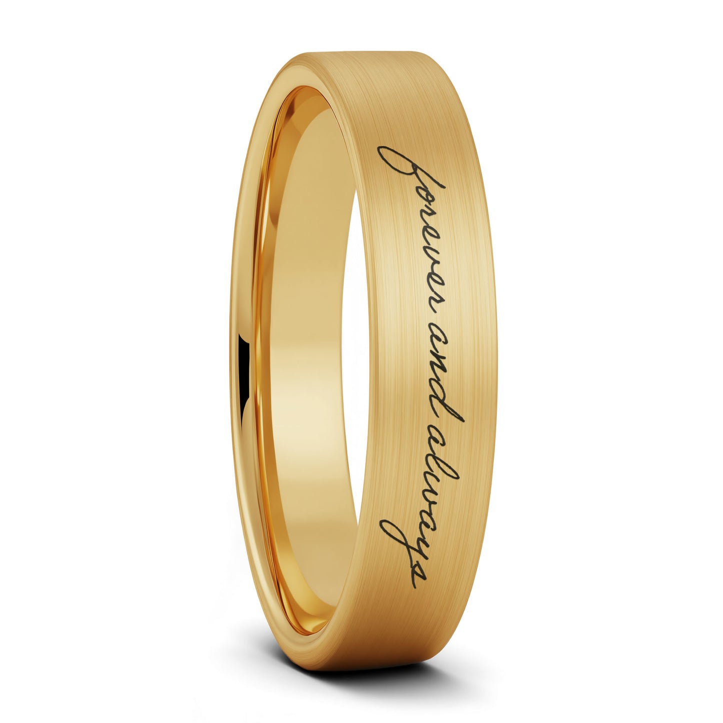 A custom handwriting brushed gold tungsten women's wedding band displayed on a plain white background.