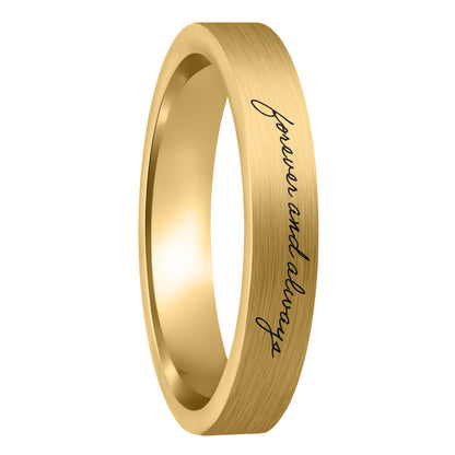 A custom handwriting brushed gold tungsten women's wedding band displayed on a plain white background.
