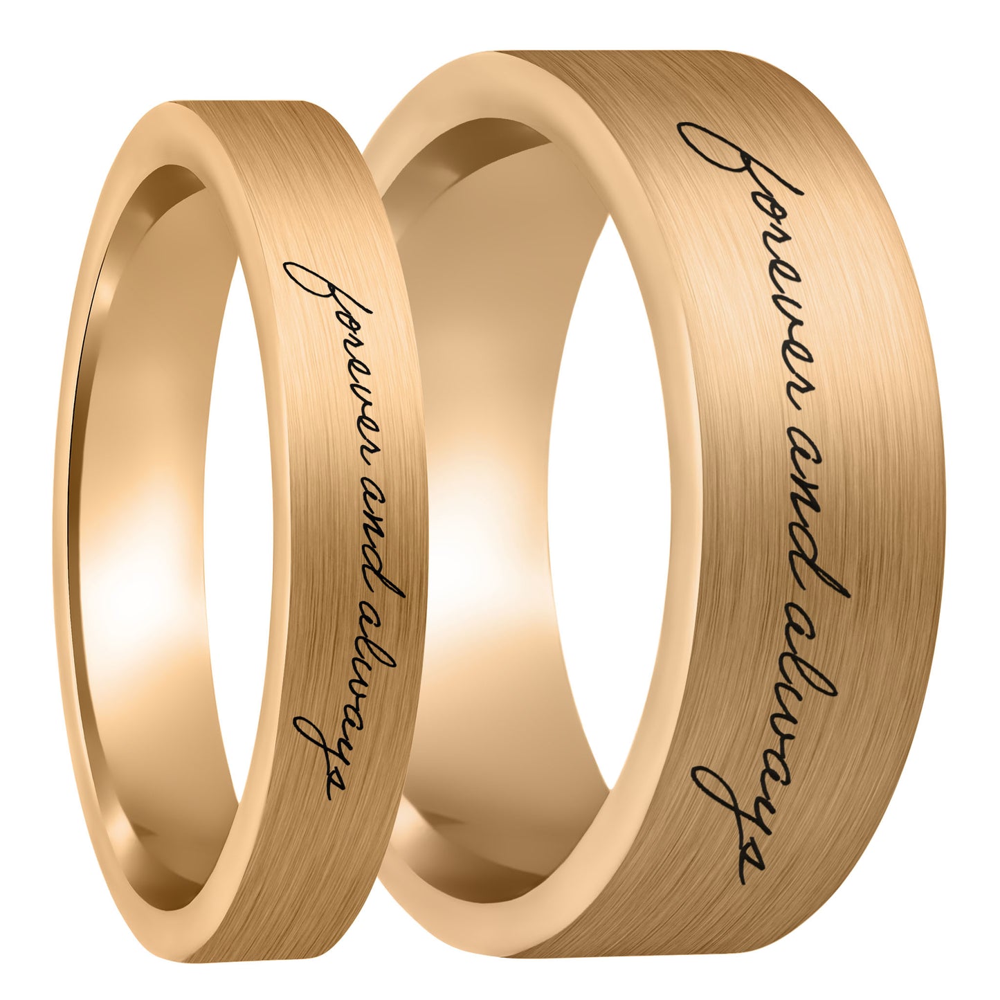 Custom Handwriting Brushed Rose Gold Tungsten Couple's Matching Ring Set