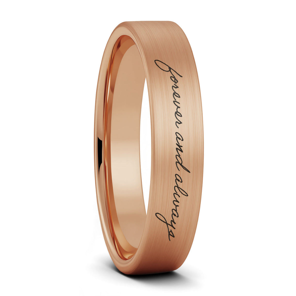 A custom handwriting brushed rose gold tungsten women's wedding band displayed on a plain white background.