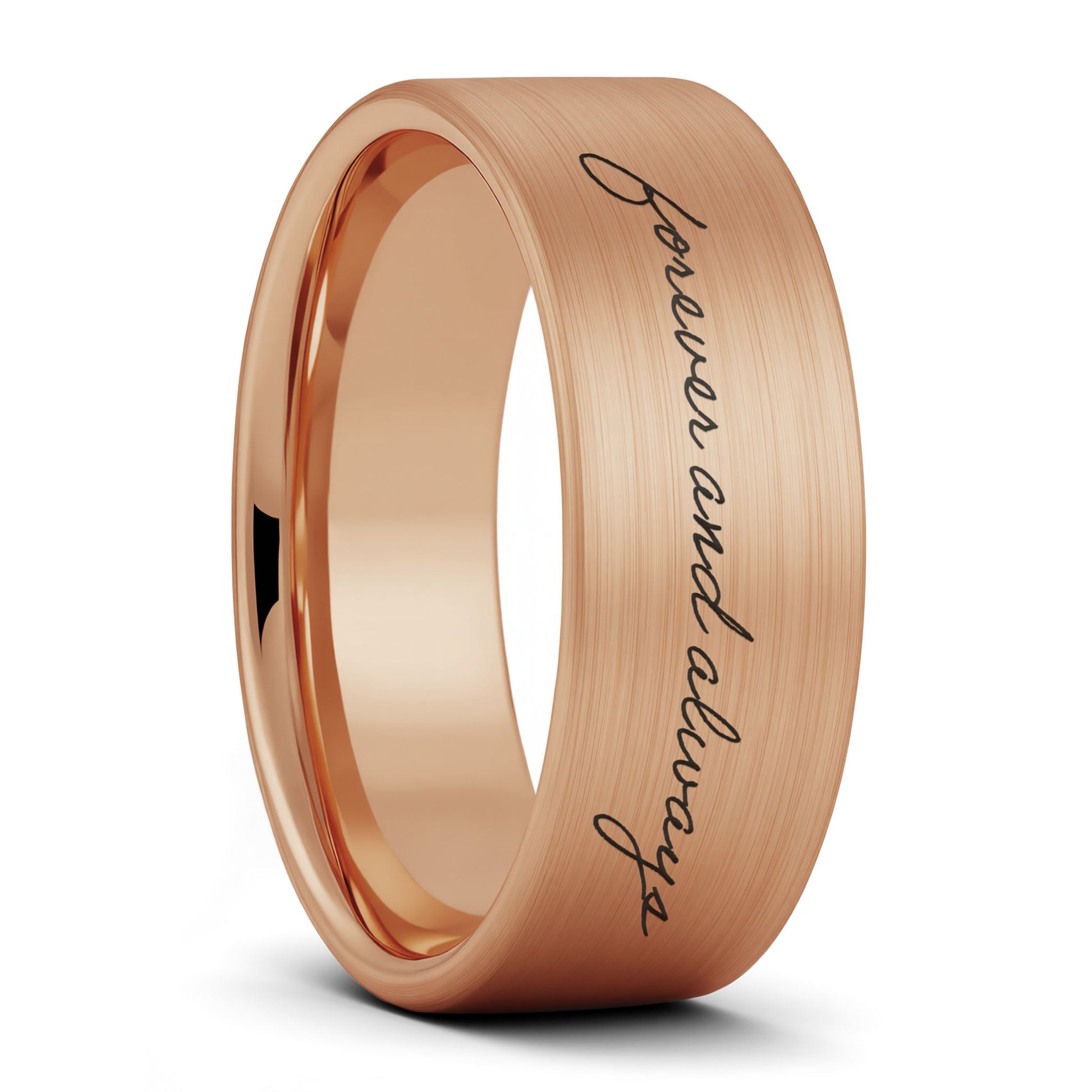 A custom handwriting brushed rose gold tungsten men's wedding band displayed on a plain white background.