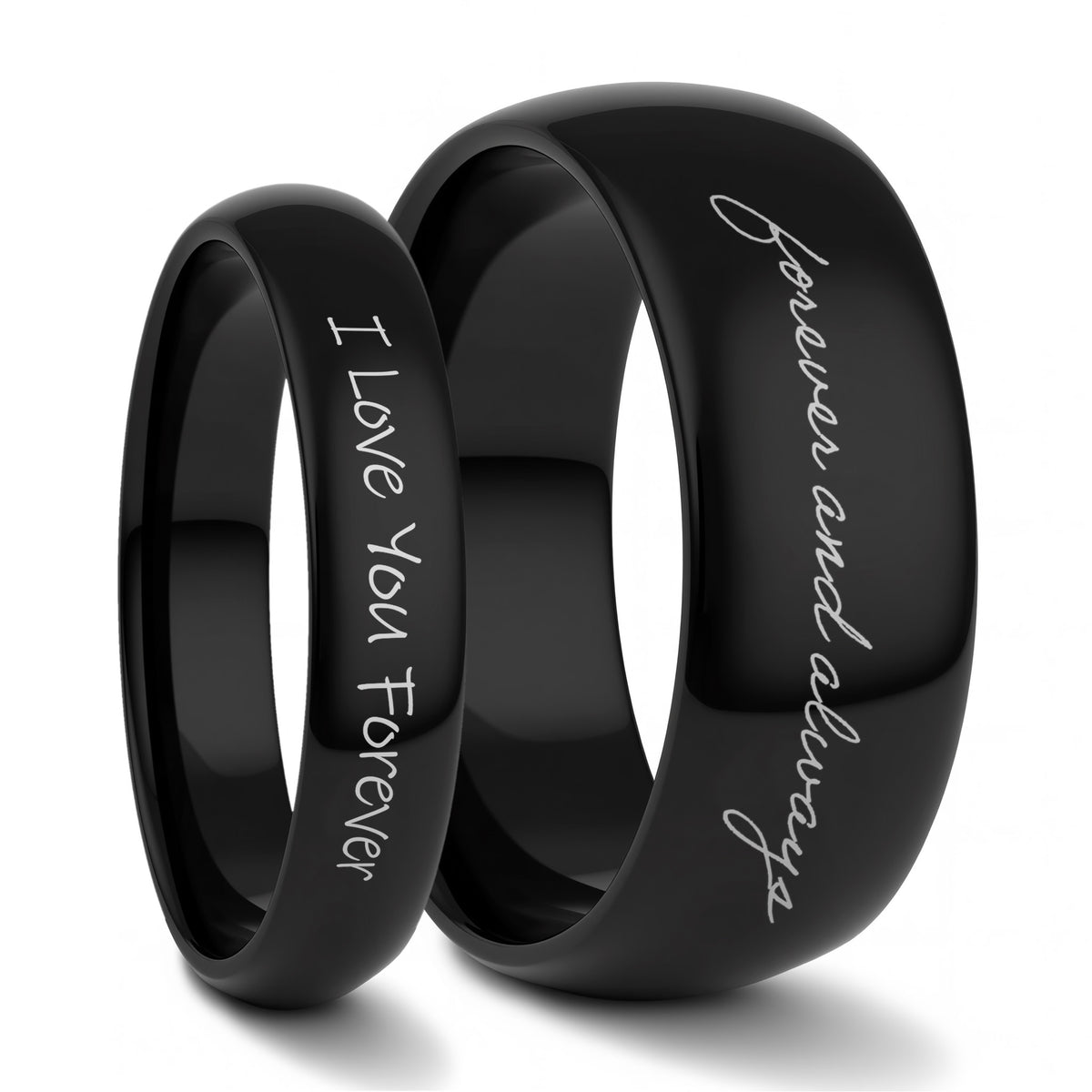 Custom Handwriting Engraved Domed Tungsten Couple's Matching Ring Set