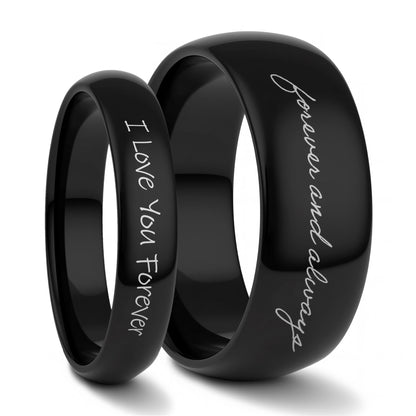 Custom Handwriting Engraved Domed Tungsten Couple's Matching Ring Set