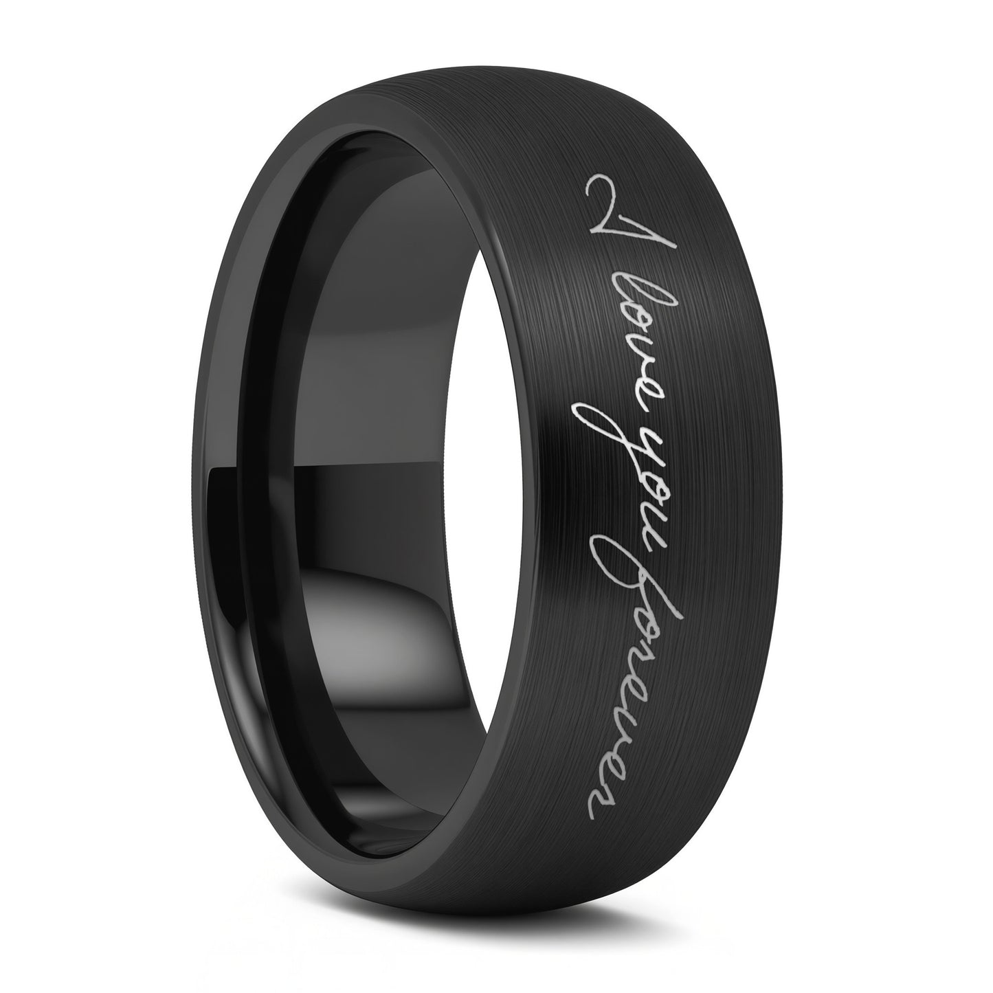Custom Handwriting Engraved Domed Brushed Black Tungsten Men's Ring