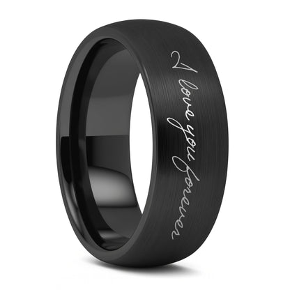 Custom Handwriting Engraved Domed Brushed Black Tungsten Men's Ring