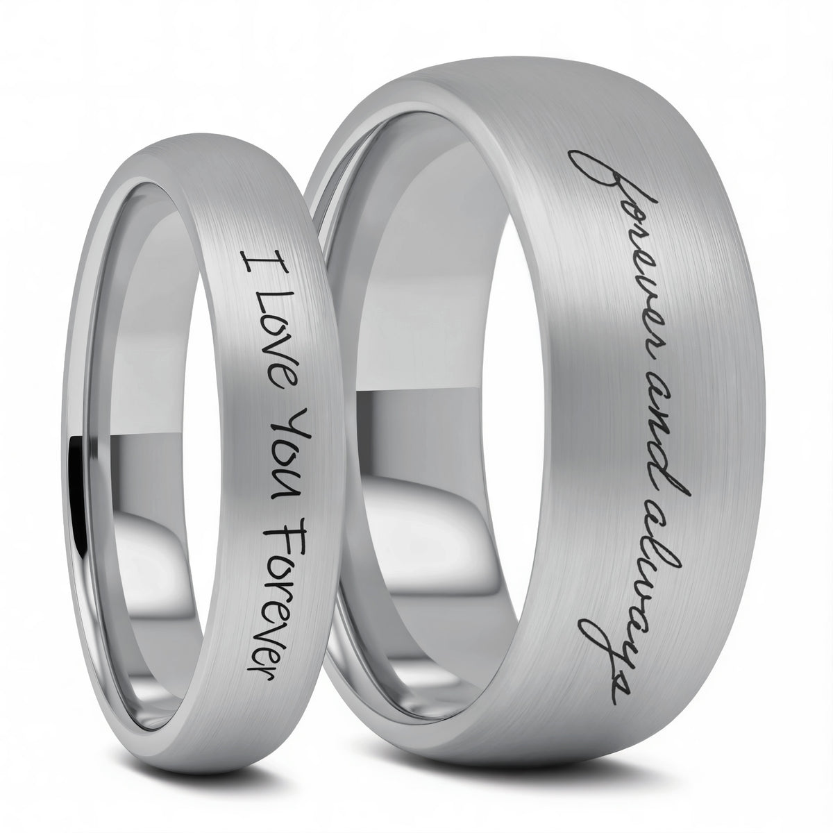 Custom Handwriting Engraved Domed Brushed Tungsten Couple's Matching Ring Set