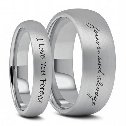 Custom Handwriting Engraved Domed Brushed Tungsten Couple's Matching Ring Set