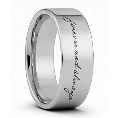 One Custom Handwriting Tungsten Men's Wedding Band displayed on a plain white background