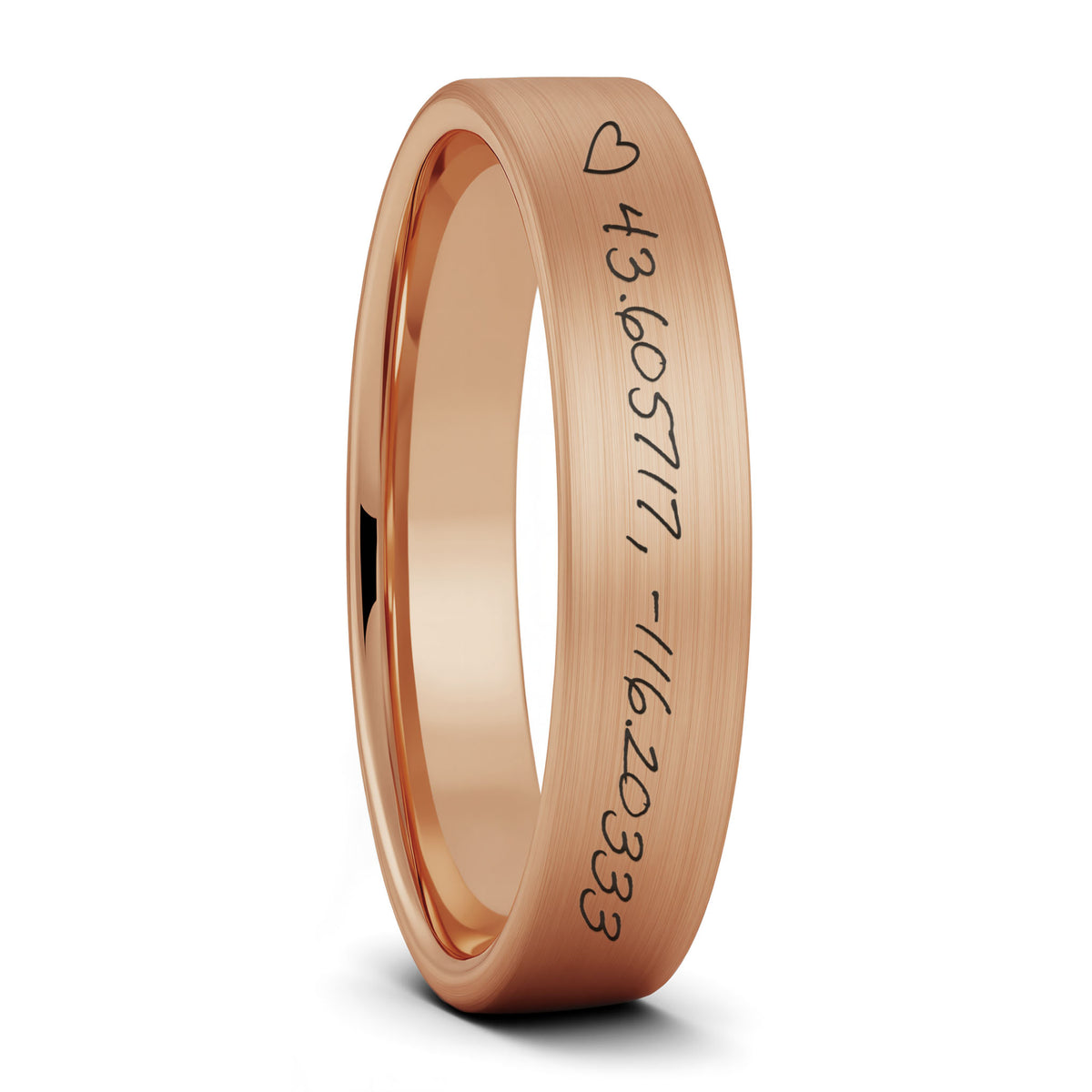 A custom handwritten coordinates brushed rose gold tungsten women's wedding band displayed on a plain white background.