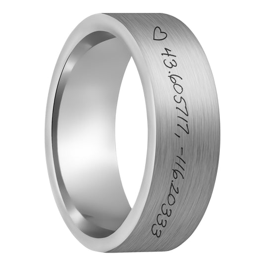 Custom Handwritten Coordinates Brushed Tungsten Men's Ring