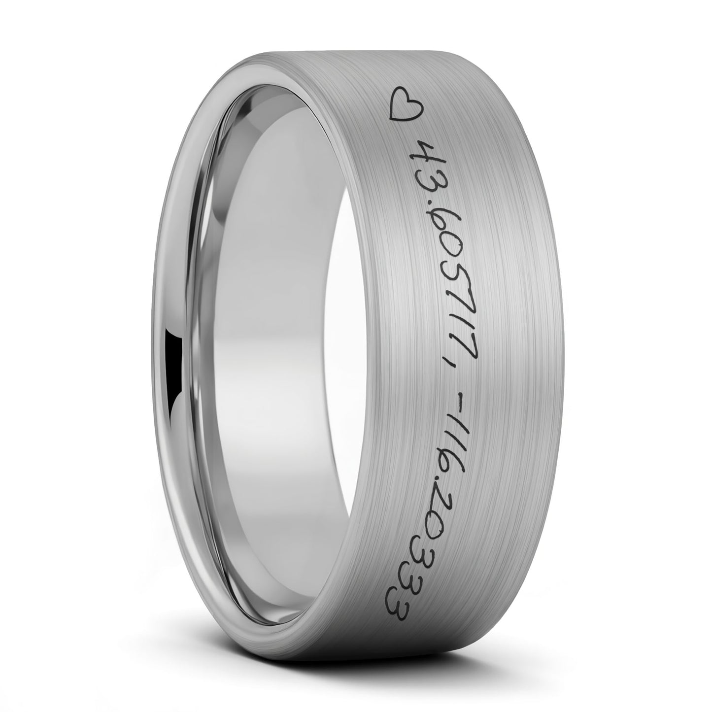 Custom Handwritten Coordinates Brushed Tungsten Men's Ring