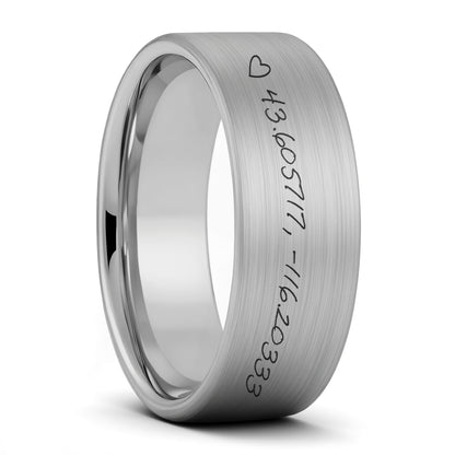 Custom Handwritten Coordinates Brushed Tungsten Men's Ring
