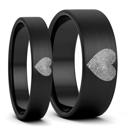Custom Heart Fingerprint Brushed Tungsten Couple's Matching Ring Set