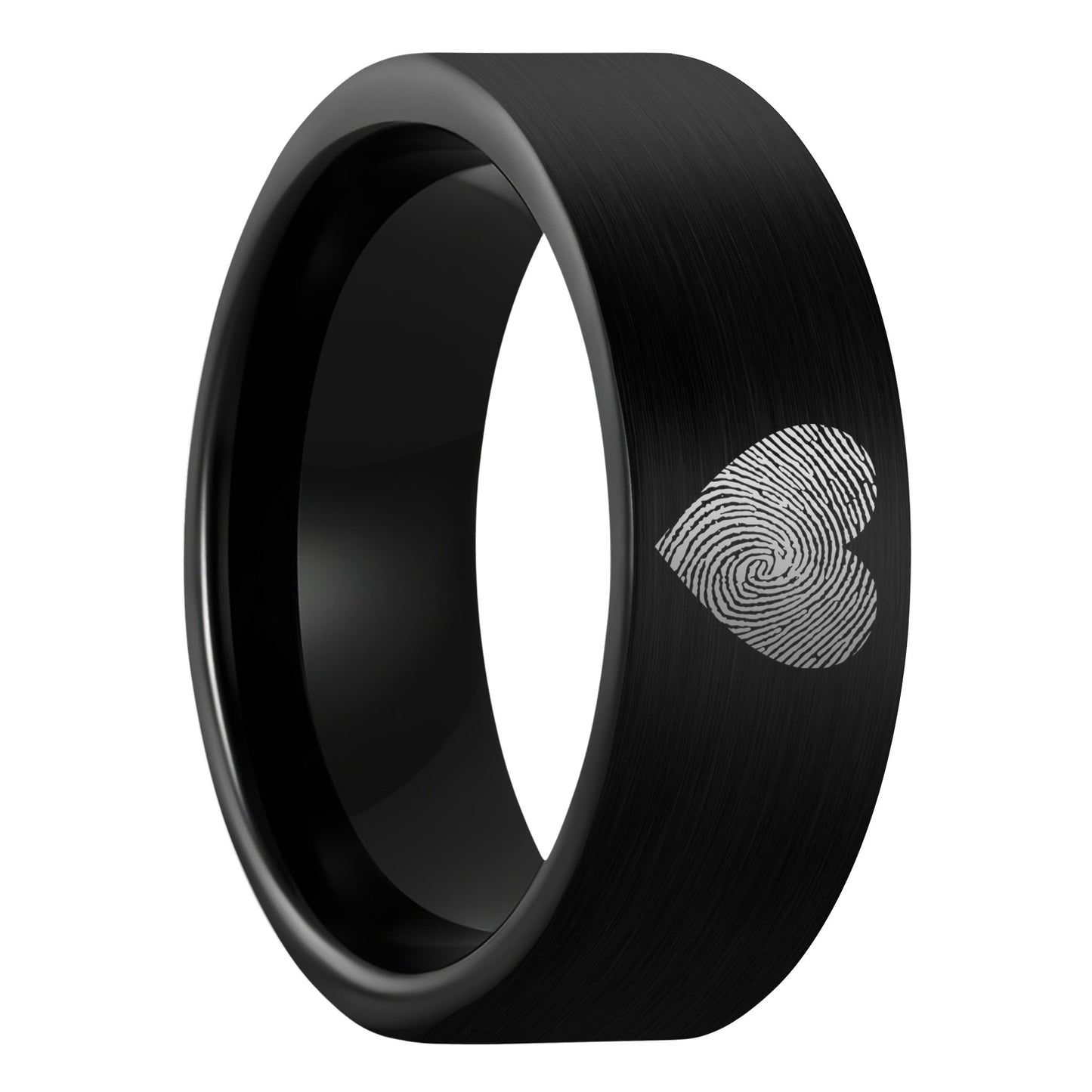 A custom heart fingerprint brushed black tungsten men's wedding band displayed on a plain white background.